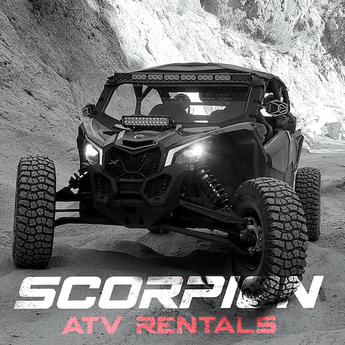 Black and white front of ATV with Scorpion Logo